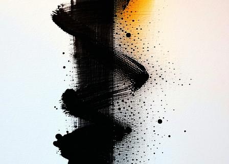 Close up of traditional ink stroke merging into digital pixels