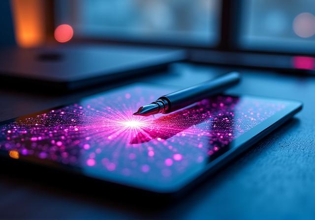 Calligraphy pen next to a digital tablet displaying neural network nodes